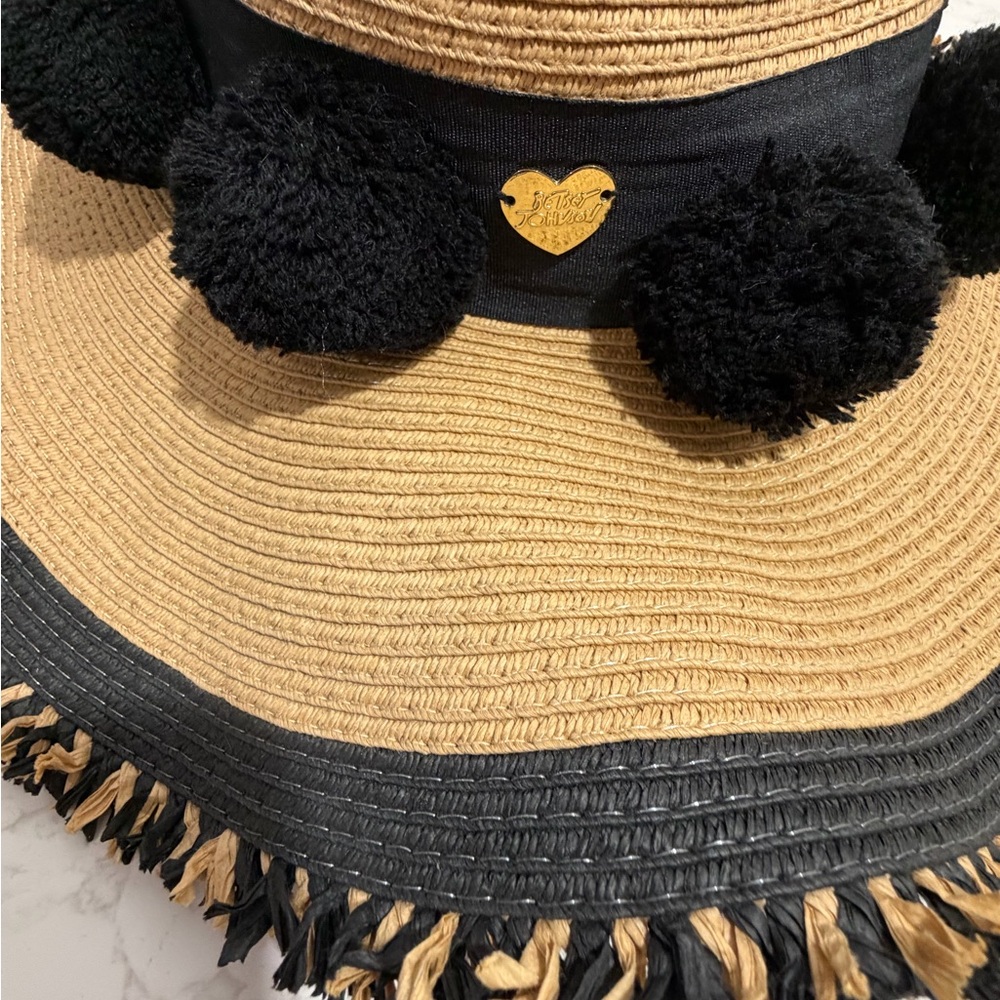 Betsy Johnson Raffia Straw Sun Hat with Black Pom-Pom Trim -- OS - Picture 4 of 8
